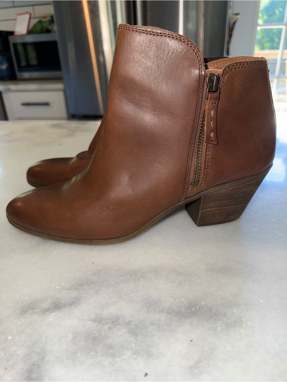 Frye Judith Double Zip Ankle Boots Booties-Brown Leather-Block Heel-Size 9.5